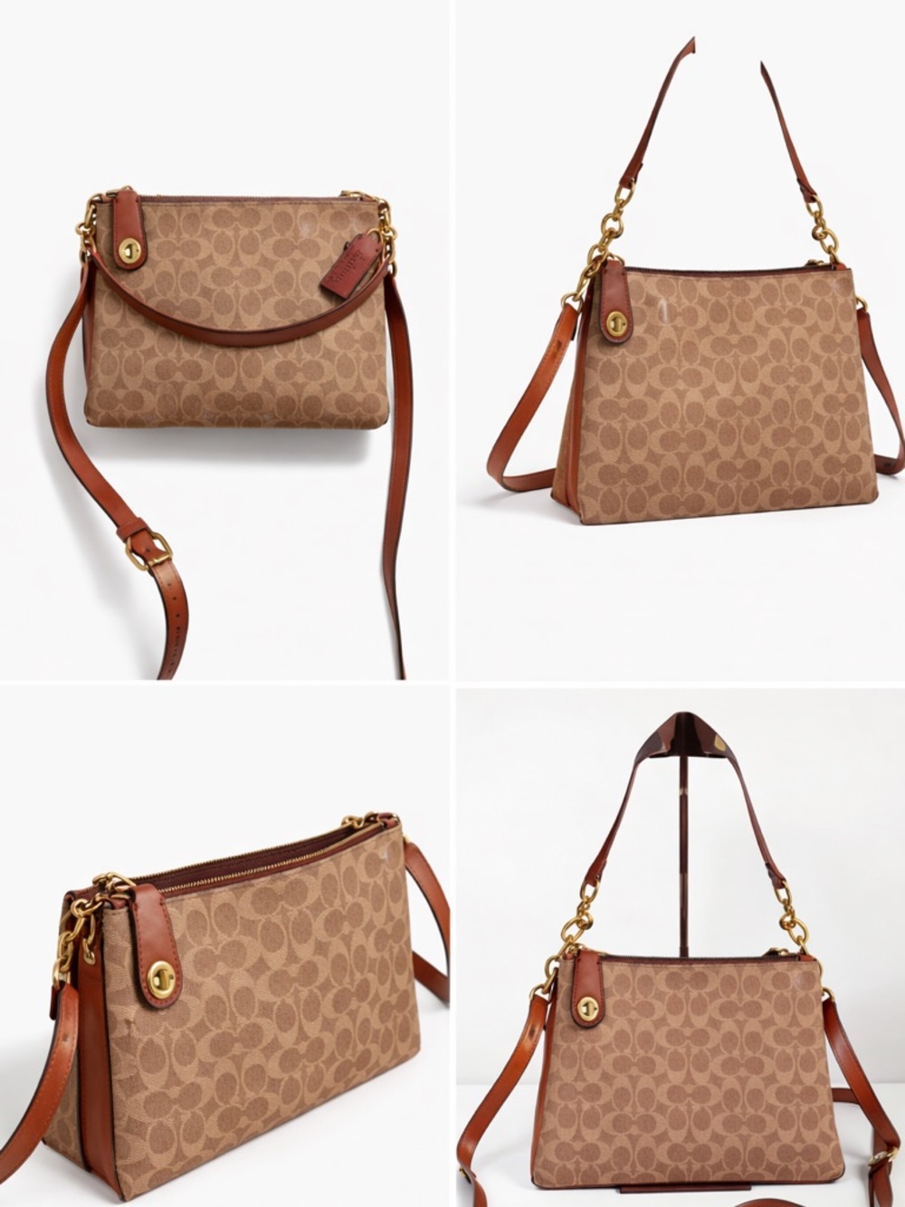 Coach Signature Monogram Double Zip Crossbody Shoulder Bag Brown Leather Trim - Picture 2 of 16